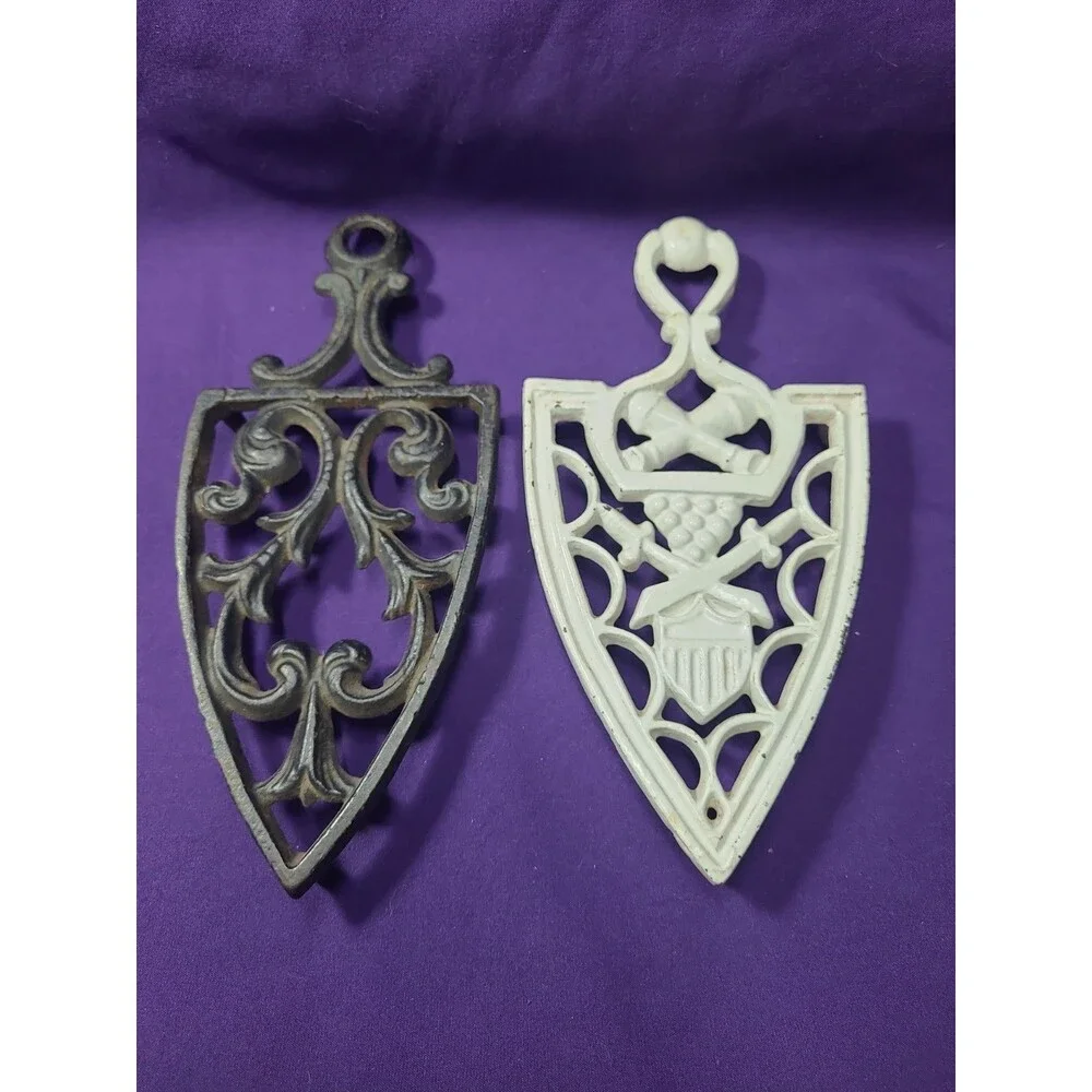 2 Vintage Cast Iron Trivet Cathedral Shabby Painted White & Black